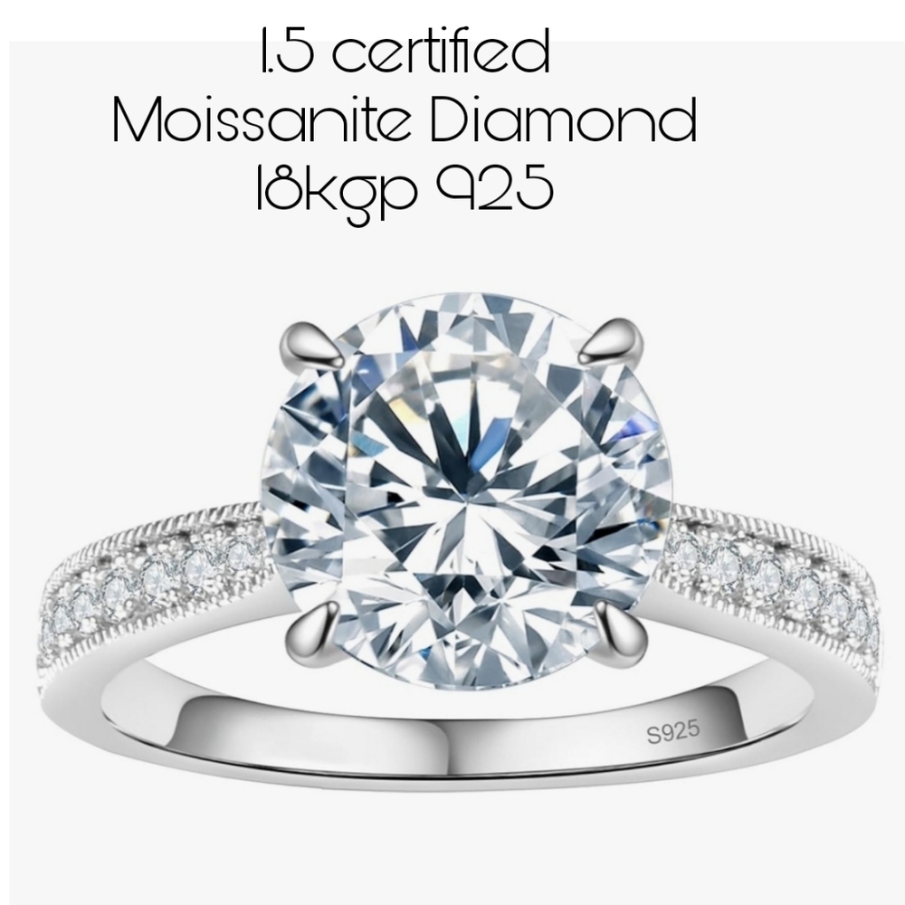 1.5 CT Solitaire Moissanite Ring 18K WGP 925 Sterling Silver W/Certificate